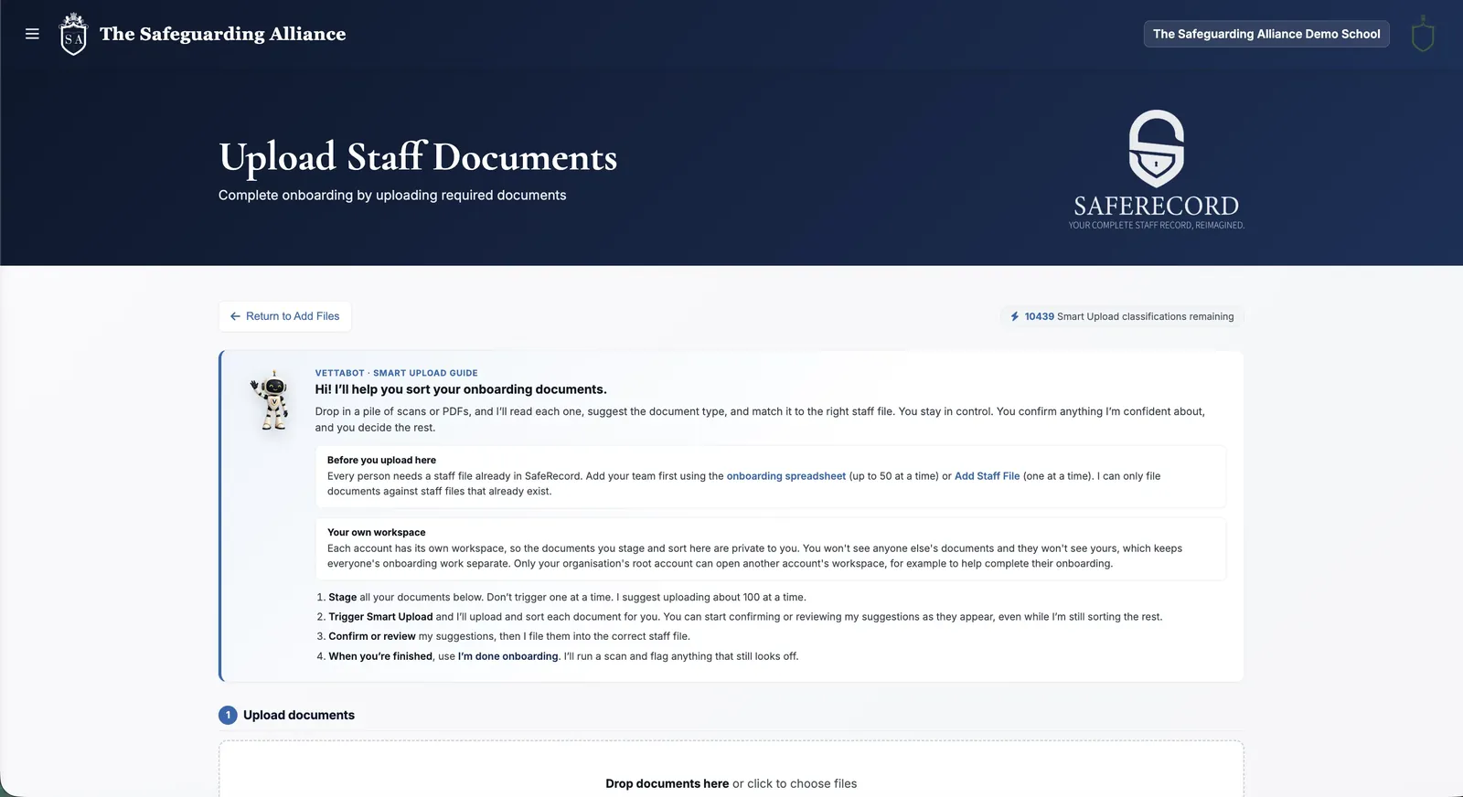 The SafeRecord Upload Staff Documents screen, where VettaBot's Smart Upload sorts scans and PDFs into the right staff files